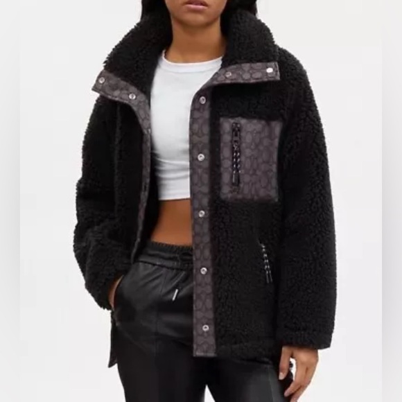 Coach Women Signature Logo Jacquard Blocked Relaxed Sherpa Jacket Black Sz M NWT